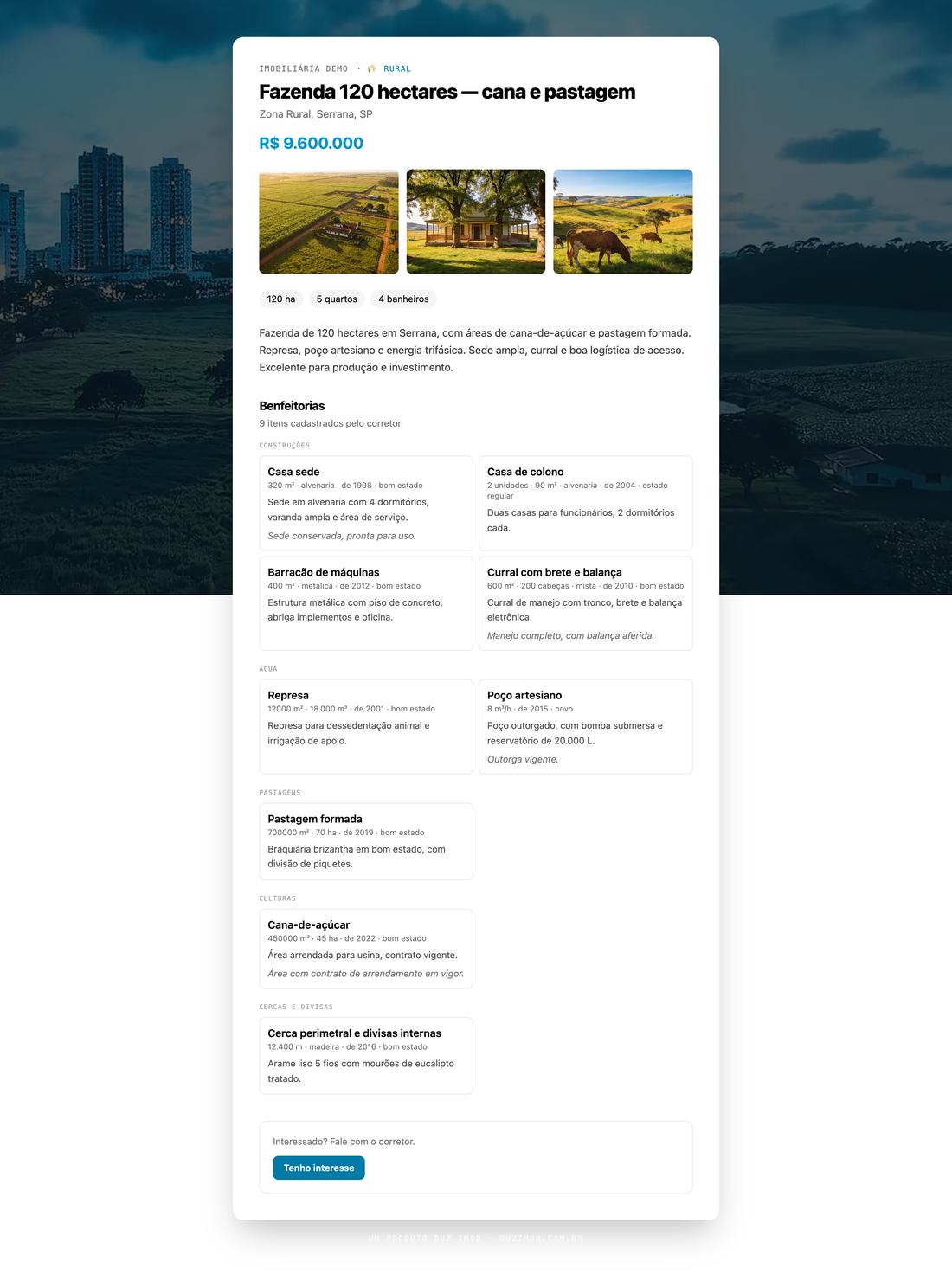 Anúncio público da fazenda com fotos, preço, descrição e a seção de benfeitorias agrupada por construções, água, pastagens, culturas e cercas