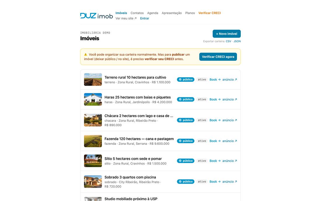 Lista da carteira com sete imóveis, cada um com miniatura, tipo, cidade, preço e selos público e ativo, mais o aviso amarelo sobre verificar o CRECI