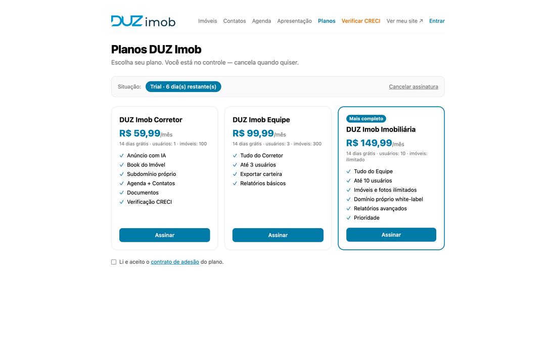 Tela de planos do DUZ imob mostrando a situação da assinatura e as opções disponíveis